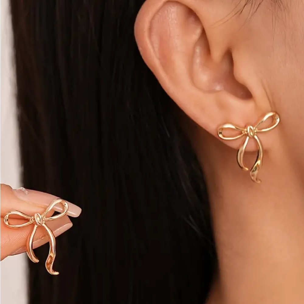 Gold Bow Stud Earrings - Elegant Women Jewelry